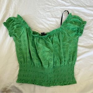 Forever 21 Puffy Sleev Green Rouched Off The Shoulder Crop Too